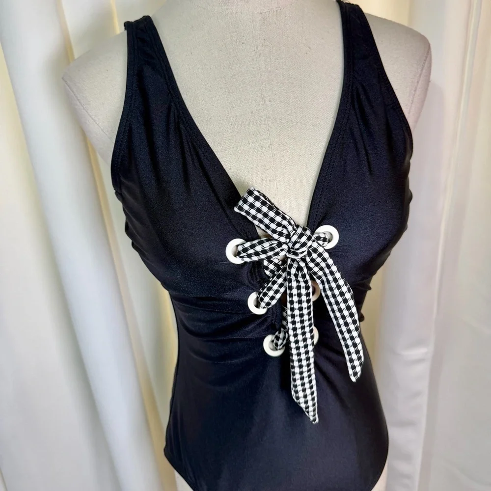 NWT Shoshanna Black One-Piece Checkered Gingham Lace-Up Bust Swimsuit Size 6